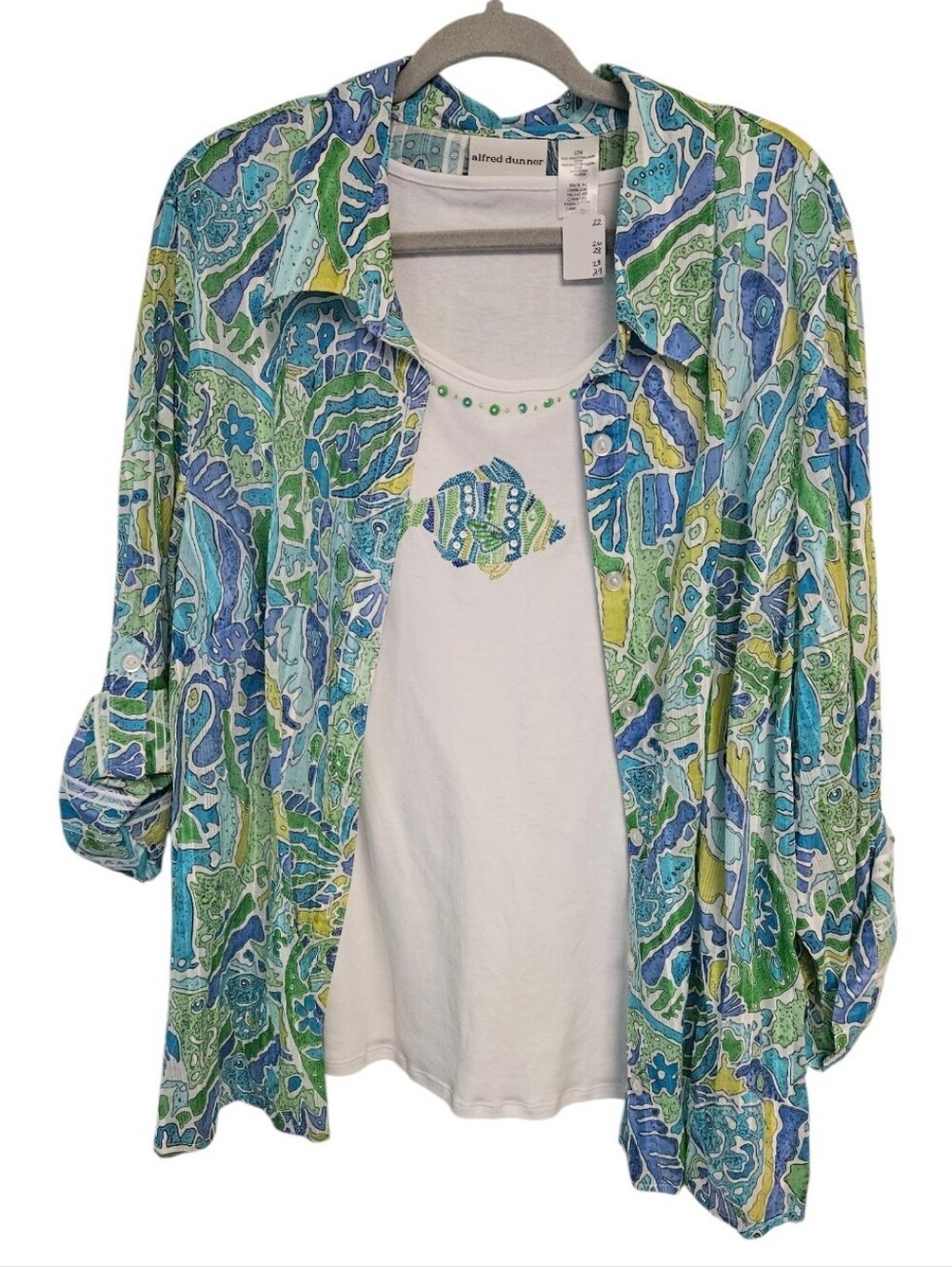 Alfred Dunner Blue Green Paisley Button-Front Shirt with White Tank